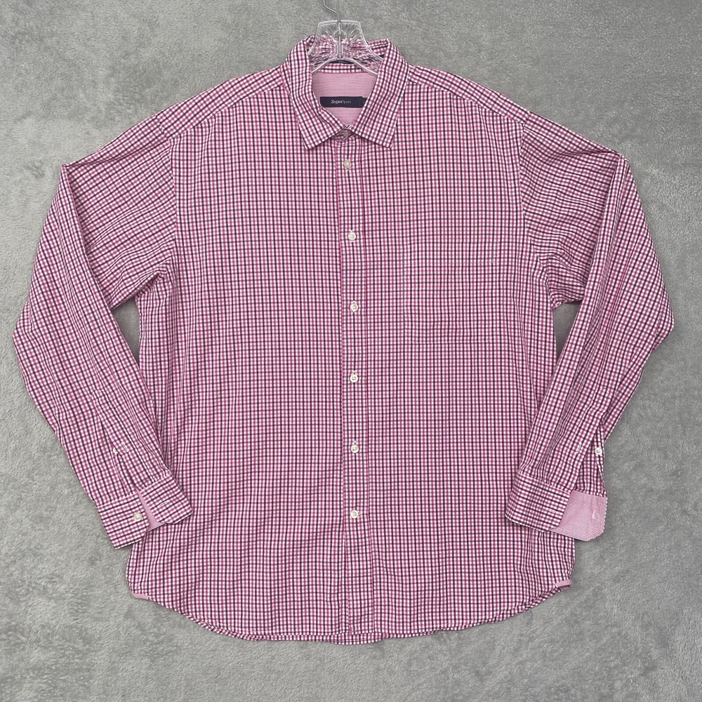 Zegna Sport Shirt Mens 2XL Pink Check Long Sleeve Cotton Button Pockets Office